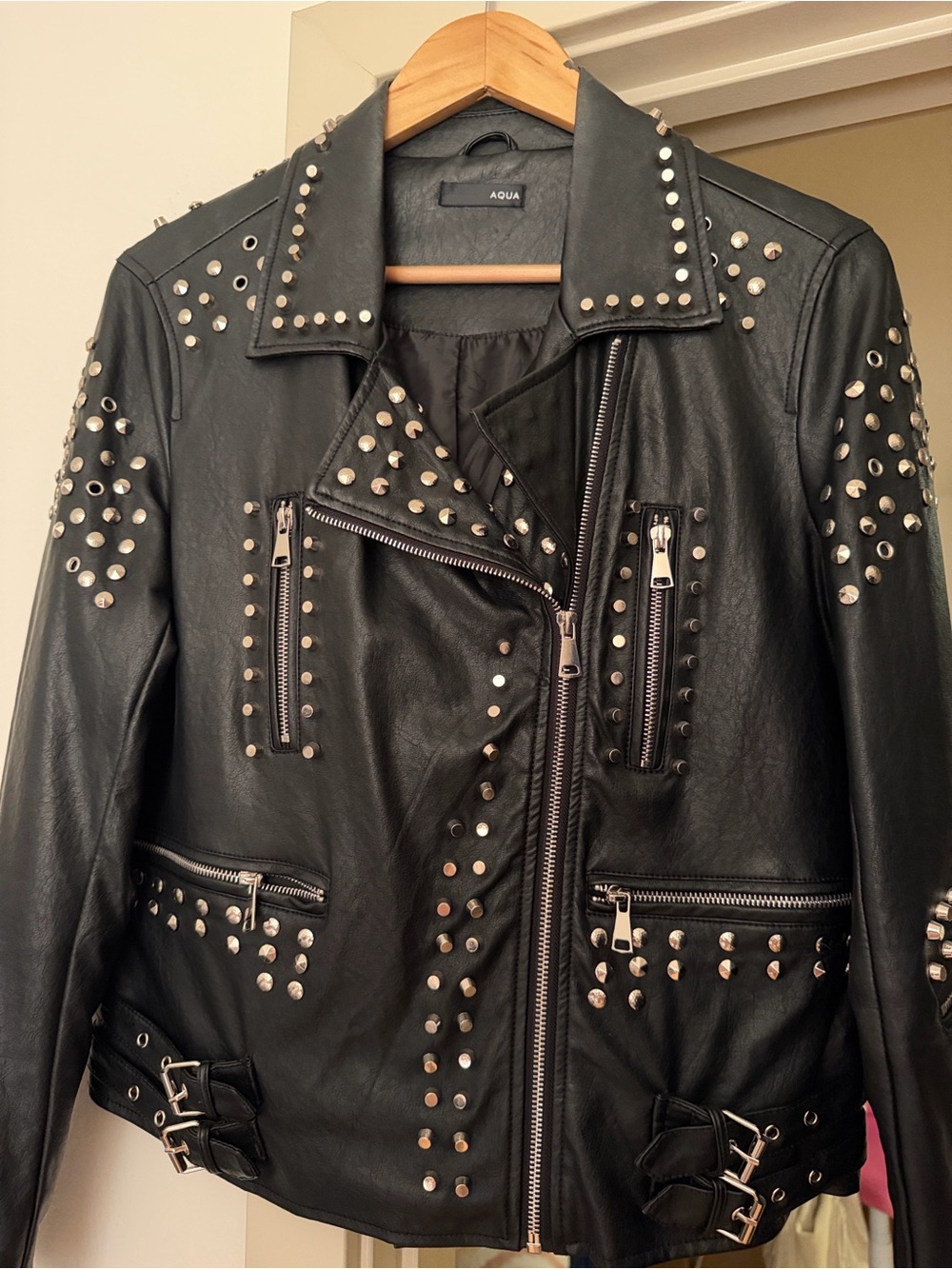 Aqua Black Studded Faux-Leather Moto Jacket with Silver Hardware
